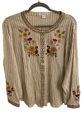 VINTAGE COLDWATER CREEK BOHO GAUZY EMBROIDERED BUTTON FRONT SHIRT FLORAL LARGE P